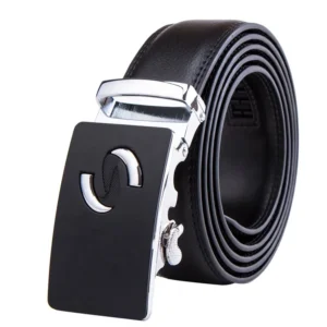 Real Leather Men's Ratchet Black Dress Belt with Automatic Buckle