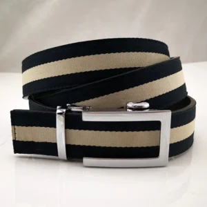 Custom Striped Tape Canvas Fabric Covered Men Polyester Ratchet Leather Belt with Automatic Buckle