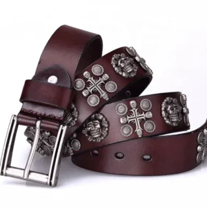 Western Cowboy Cowgirl Top Grain Cow Hide Punk Studded Genuine Leather Skull Belt