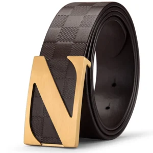 38mm Black Brown Embossed Cowhide Leather Belt with Golden Z Stainless Steel Flat Buckle