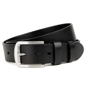 Men's Black Full Grain Cow Leather Dress Belt with Stainless Steel Prong Buckle