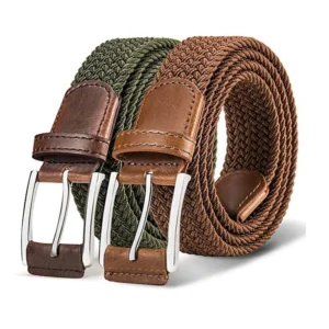 Quality Leather End 1 3/8 Casual Woven Web Canvas Elastic Stretch Belt Braid for Men Women Pants Golf Jeans