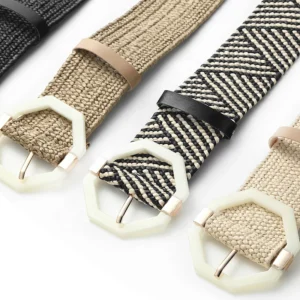 New Ladies PP Grass Fashion Octagon Shape Plastic Pin Buckle Belt Ladies Woven Elastic Wide Belt