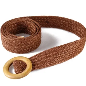 Custom PP Jute Braided Wooden Buckle Women Woven Hemp Belt for Ladies Dress